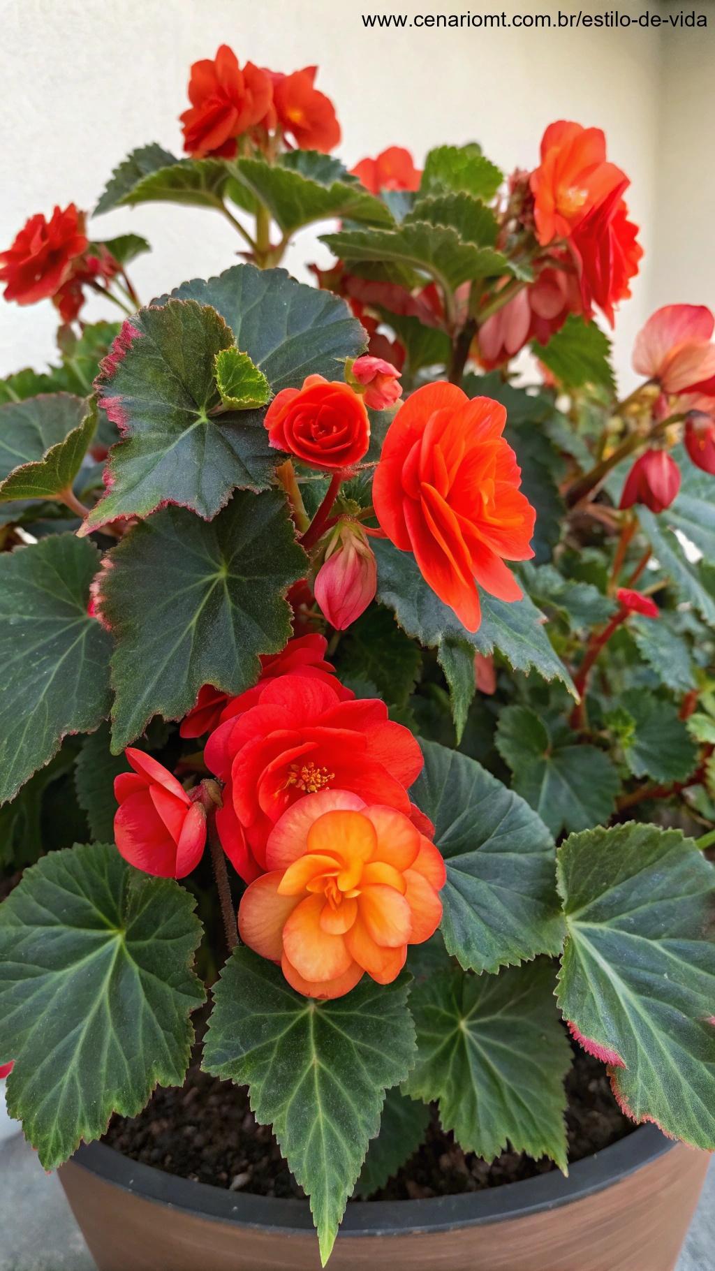 Uma planta de begônia vibrante com flores vermelhas e laranjas intensas, cercadas por folhas verdes exuberantes.