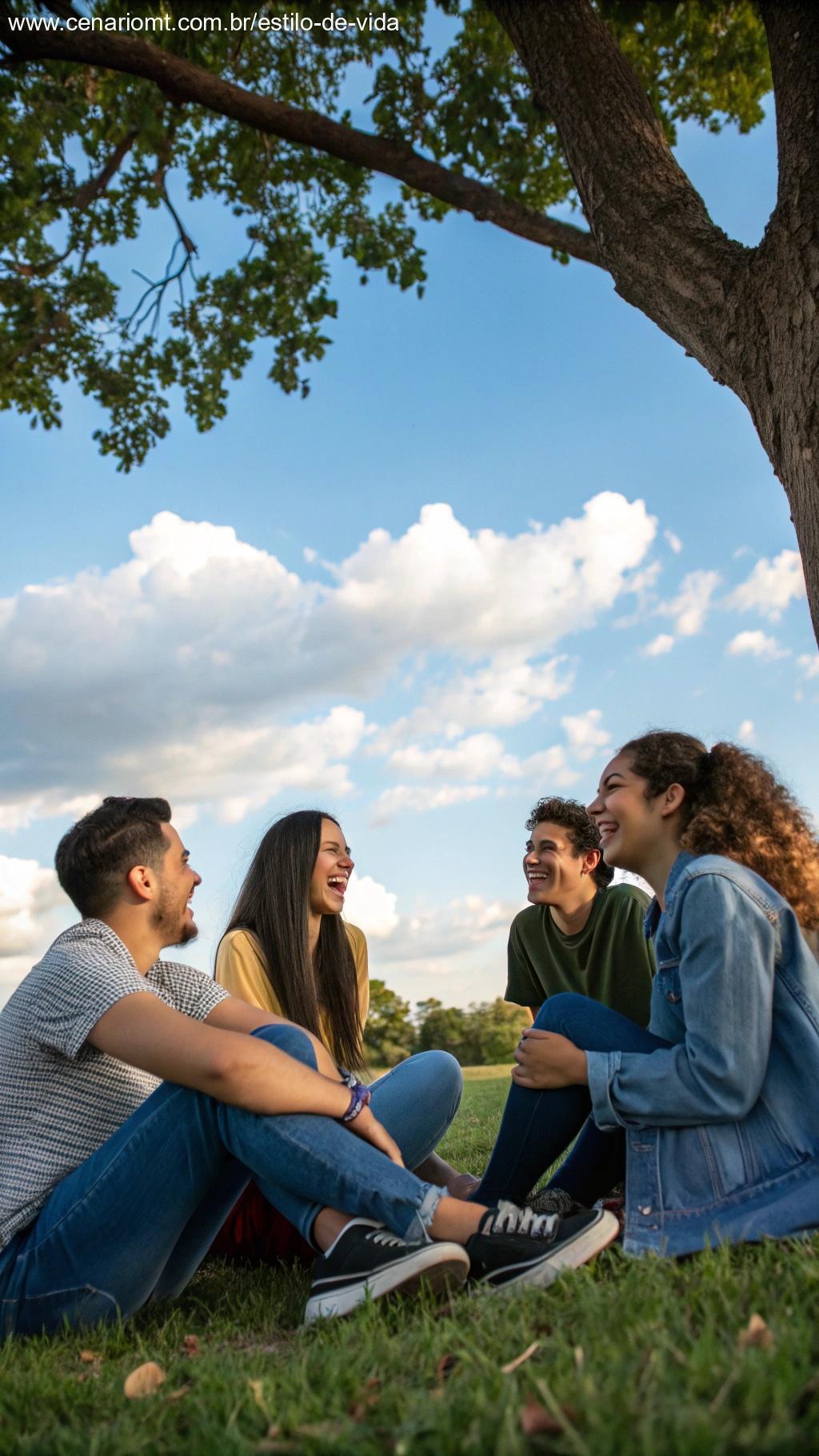 Um grupo de amigos rindo e conversando juntos ao ar livre, simbolizando conexões sociais positivas.