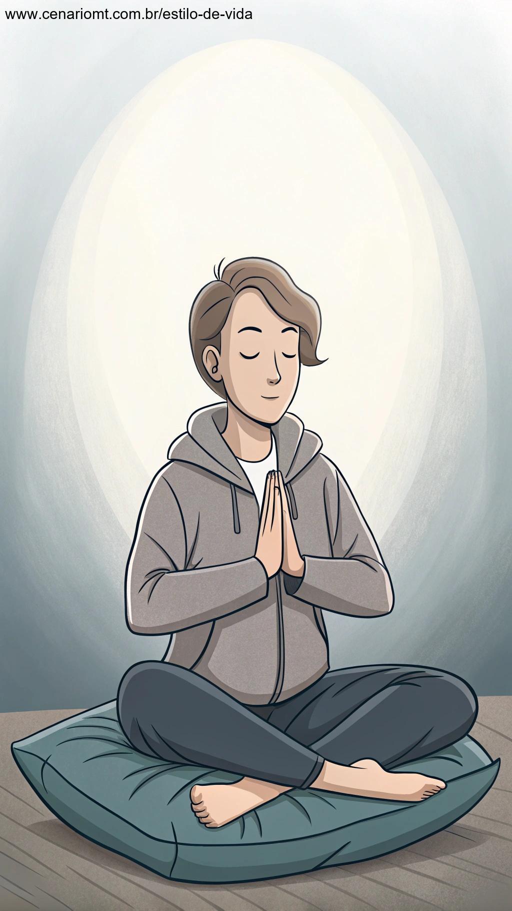 Pessoa sentada pacificamente em meditação com expressão serena.