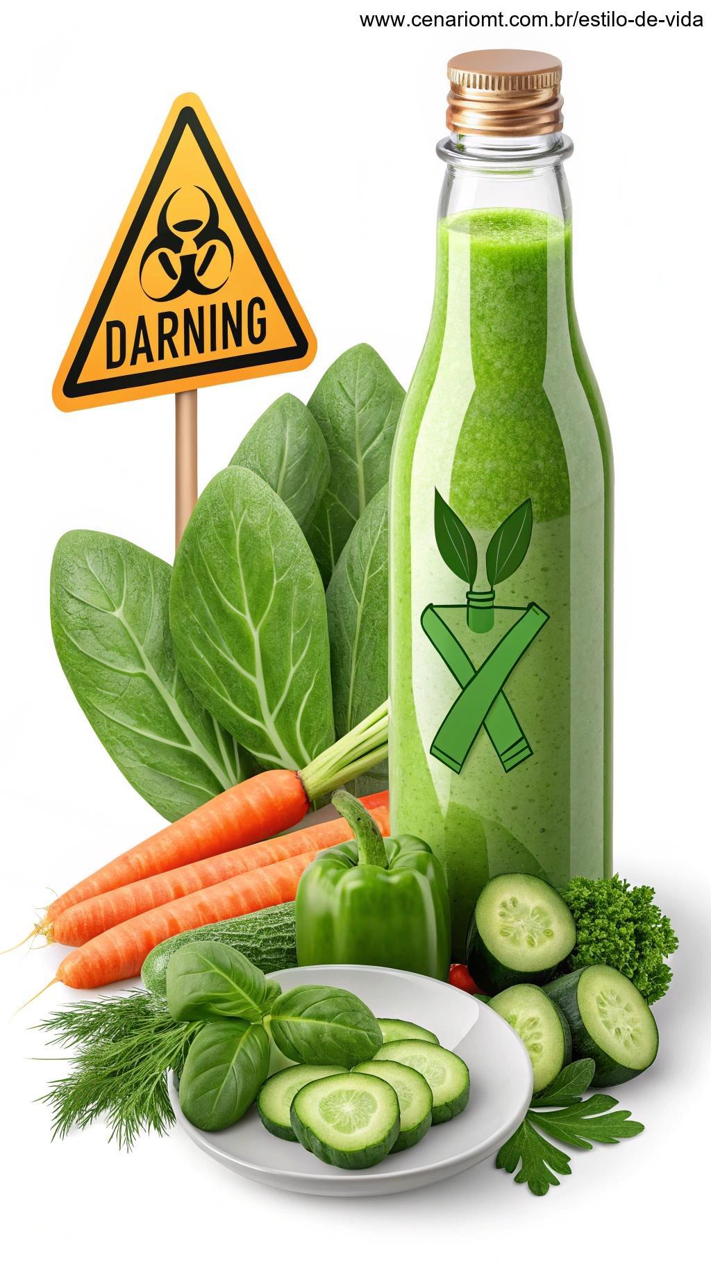 Suco verde e vegetais frescos com ícone de alerta.