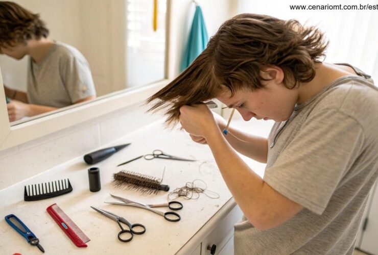 Uma ilustração detalhada de uma pessoa tentando cortar o próprio cabelo em casa, mostrando vários erros como cortes irregulares e ferramentas inadequadas.