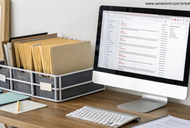 Ambiente de trabalho organizado com uma tela de computador exibindo uma caixa de entrada de e-mail arrumada com pastas e etiquetas.