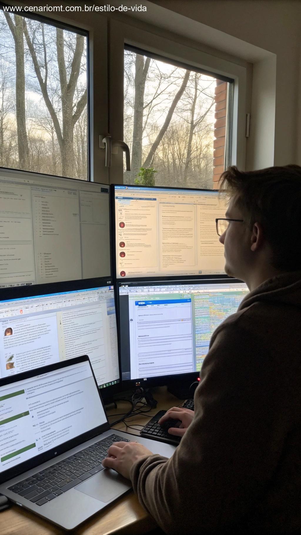 Pessoa com várias tarefas abertas no computador, simbolizando o desafio da multitarefa.