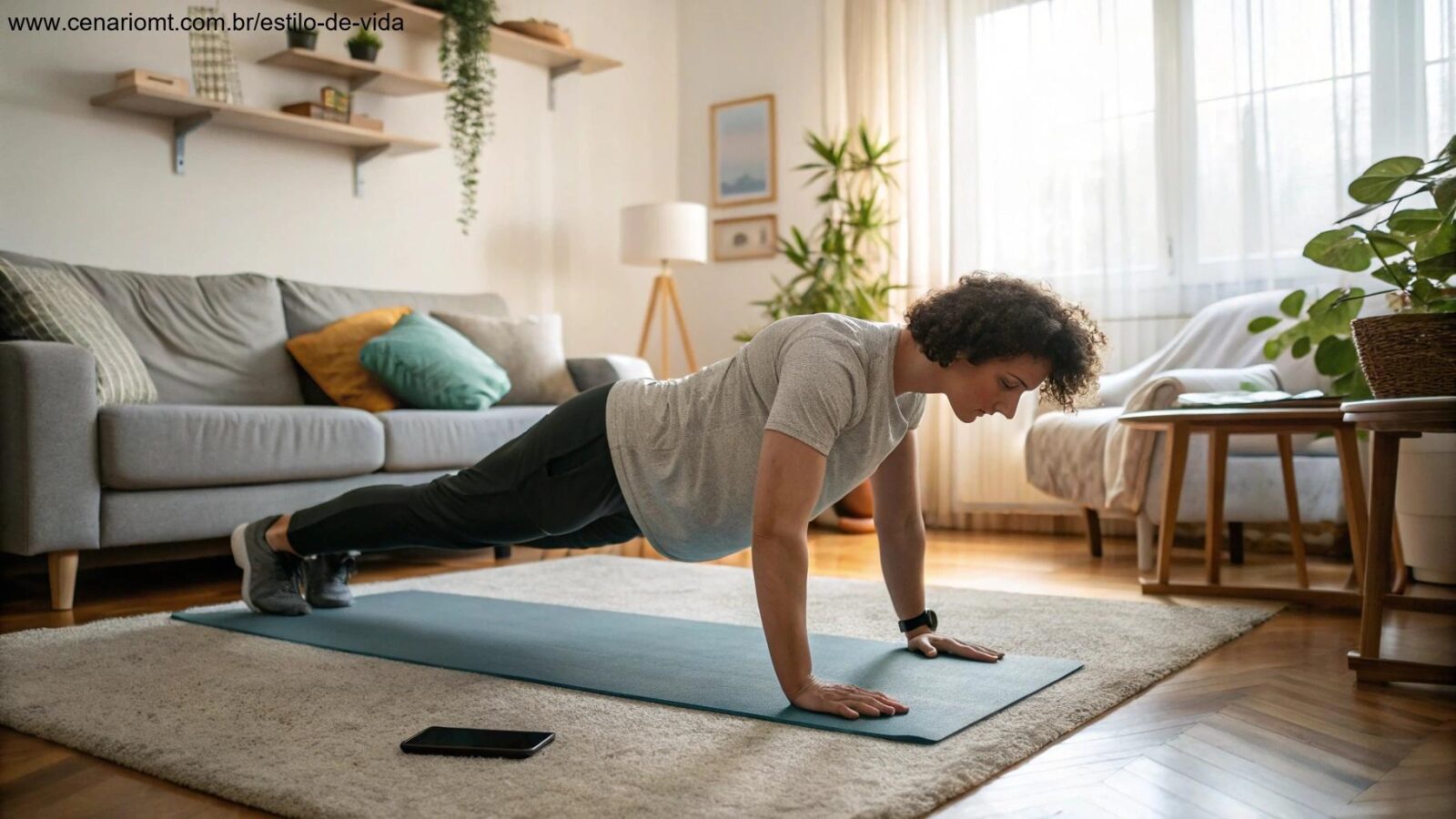 Pessoa fazendo uma rotina simples de treino em casa, com exercícios como agachamentos, flexões e abdominais.