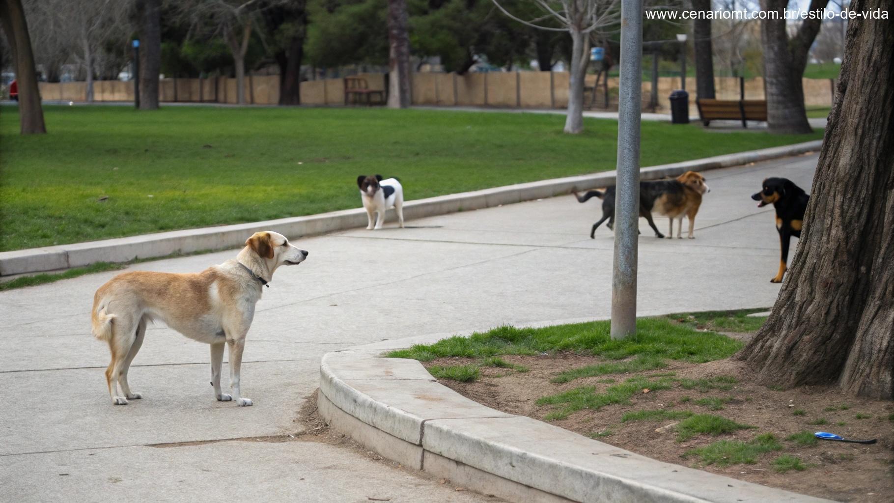Cachorro sozinho no canto do parque, sem interação com outros cães.