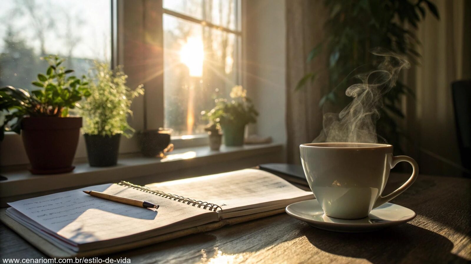 Cena tranquila de manhã com luz suave entrando pela janela, uma xícara de café fumegante e uma planta relaxante.
