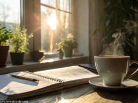 Cena tranquila de manhã com luz suave entrando pela janela, uma xícara de café fumegante e uma planta relaxante.