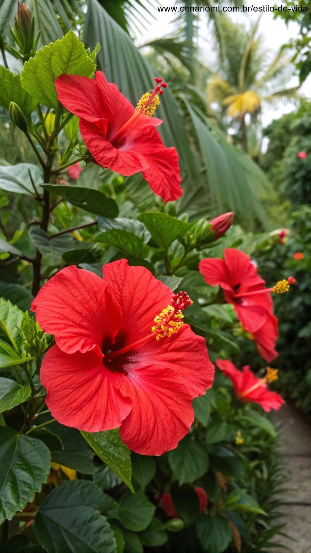 Planta de hibisco com grandes flores vermelhas e um centro amarelo destacado, crescendo em um ambiente tropical.