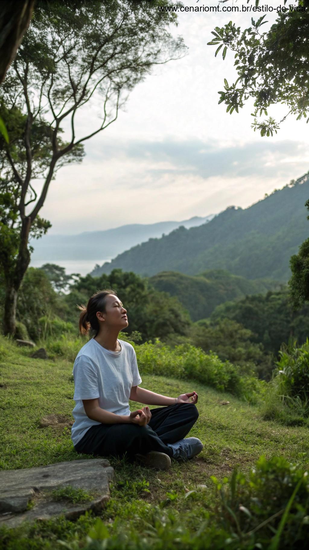 Pessoa meditando em um ambiente tranquilo, cercada pela natureza, simbolizando o autoconhecimento e o crescimento pessoal.