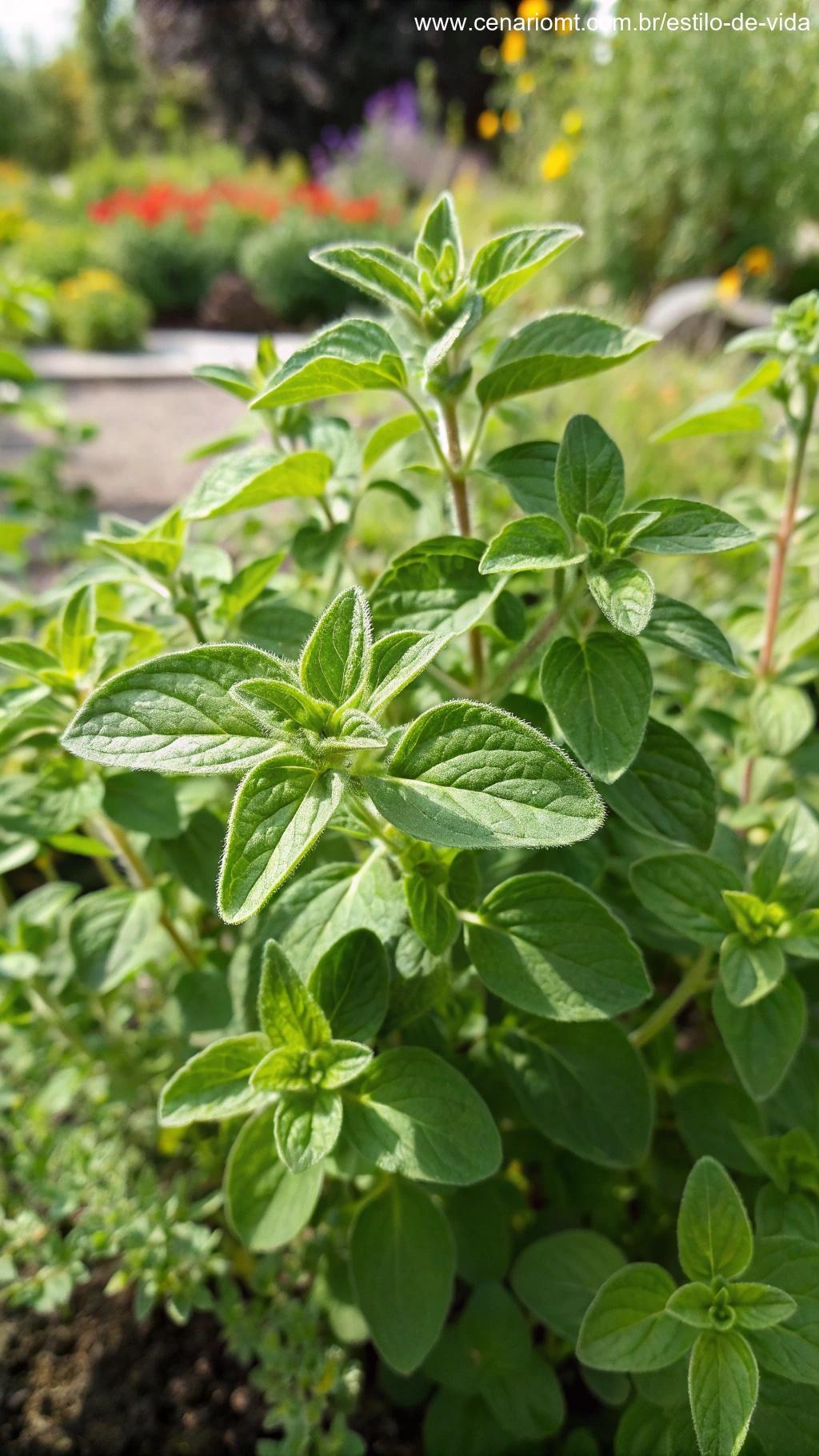 Um ramo de orégano com folhas pequenas e verdes crescendo em um local ensolarado no jardim.