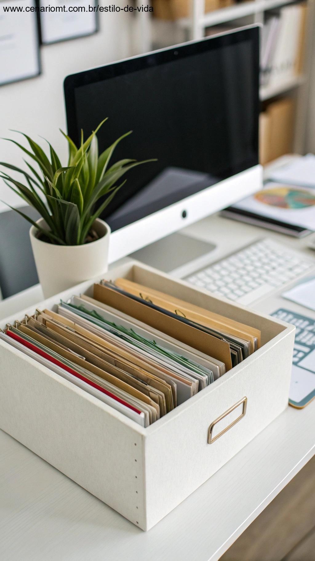 Uma mesa com arquivos organizados, uma planta em vaso e um computador, mostrando a importância de organizar o espaço de trabalho.