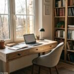 Um escritório em casa aconchegante e organizado com mesa perto da janela, cadeira confortável, laptop, planta em vaso, estantes de livros e luz natural.