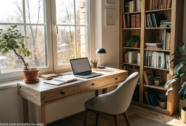 Um escritório em casa aconchegante e organizado com mesa perto da janela, cadeira confortável, laptop, planta em vaso, estantes de livros e luz natural.