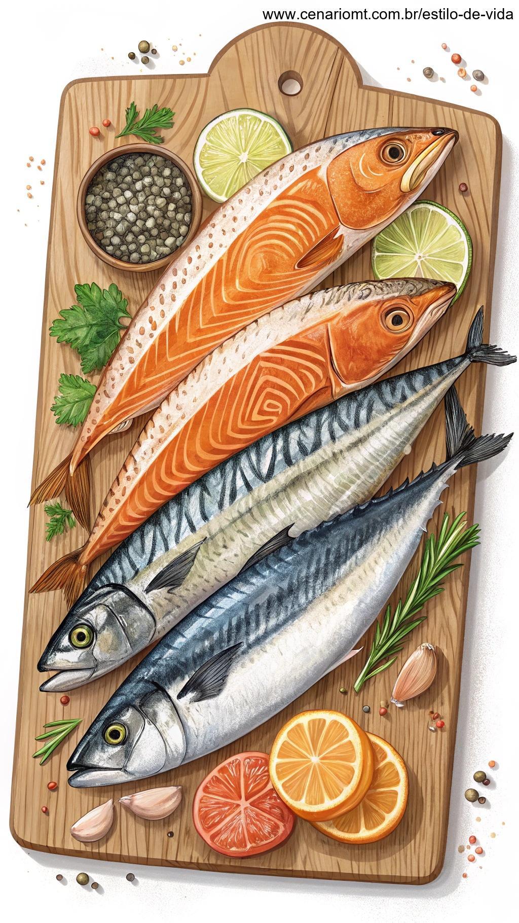 Uma variedade de peixes gordurosos como salmão, cavala e sardinhas organizados sobre uma tábua de corte, com escamas brilhantes e tons vibrantes de laranja e prata.