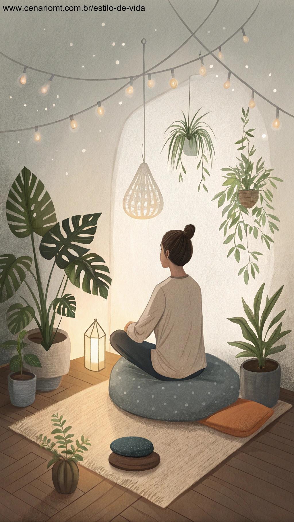 Imagem de uma pessoa praticando meditação em um ambiente tranquilo e sereno.