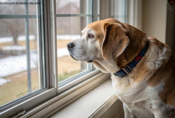 Cachorro cansado olhando pela janela, mostrando sinais de que precisa de mais exercício.