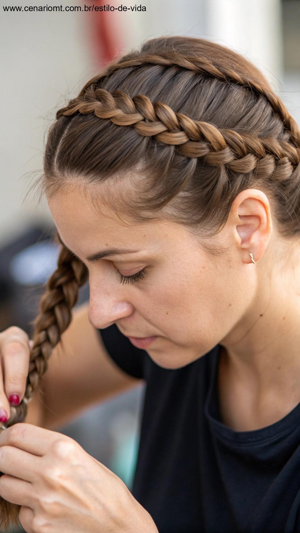 Mulher fazendo trança embutida em cabelo curto.
