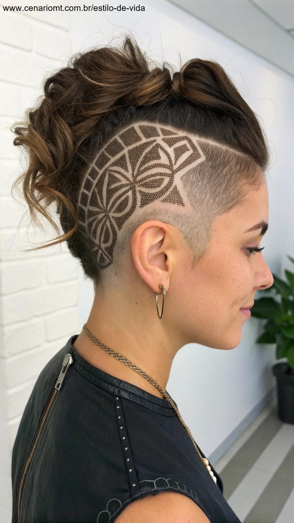 Undercut feminino com laterais raspadas e designs modernos.
