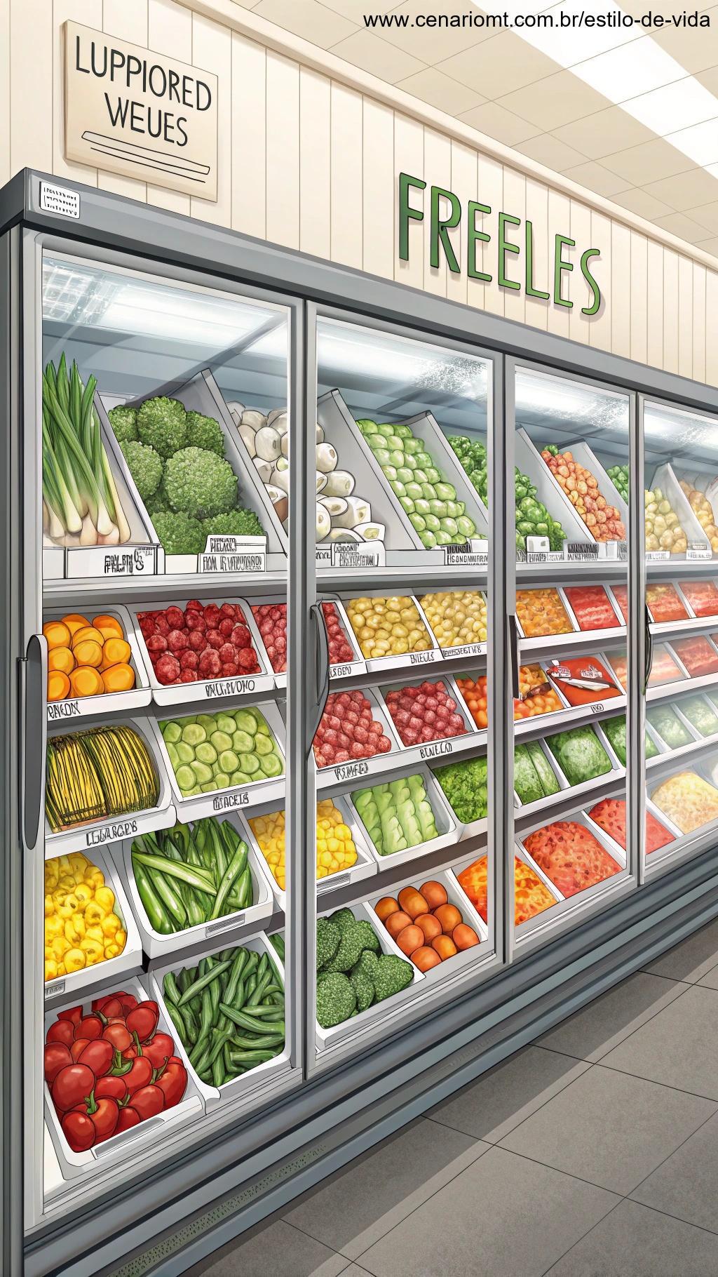Vegetais e frutas congeladas organizados em uma seção de congelados.