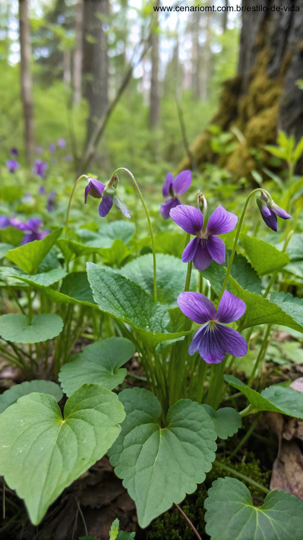 Violetas roxas em um jardim florido.