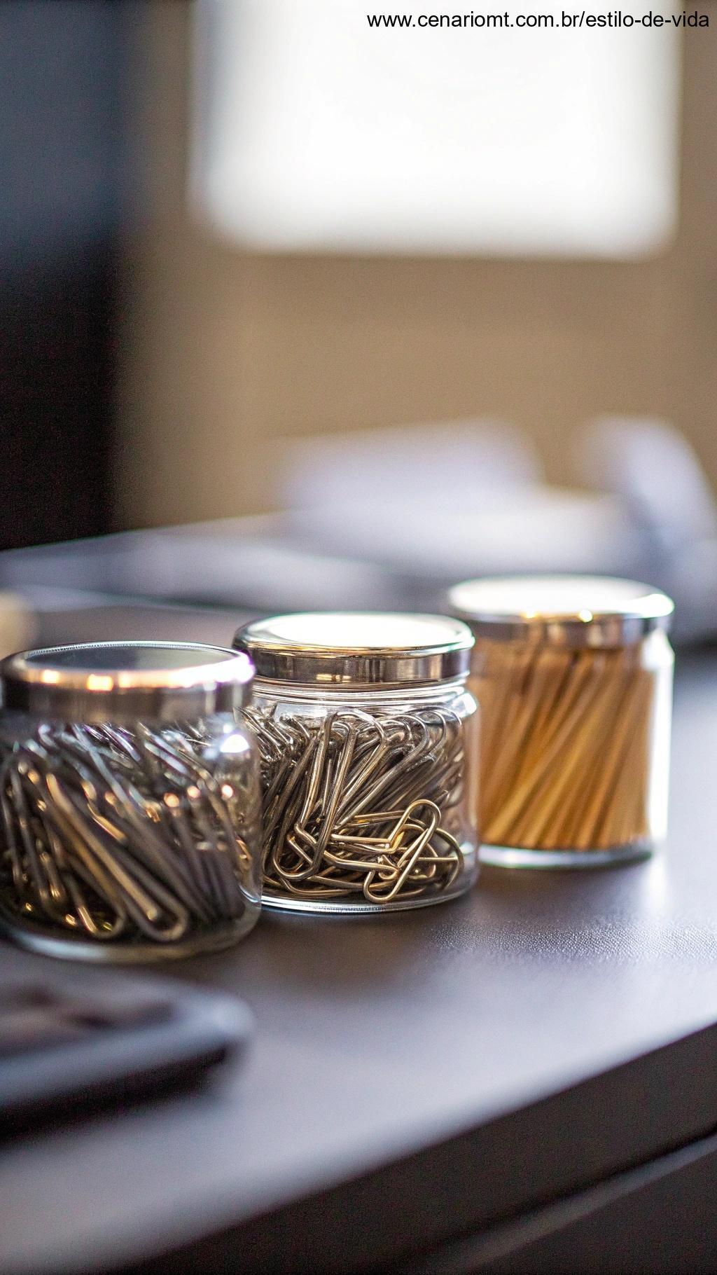 Pequenos frascos de vidro preenchidos com materiais de escritório, como clipes e elásticos, organizados de maneira ordenada em uma mesa.
