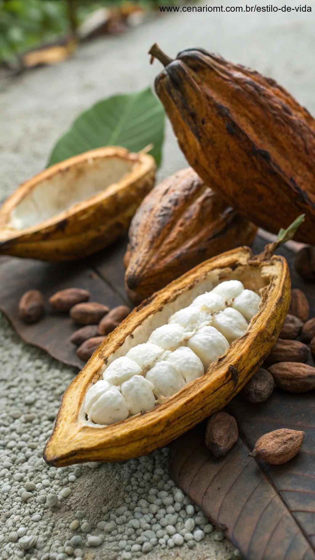 Vagens de fruta do baobá abertas com a polpa branca visível, dispostas ao lado das vagens secas sobre uma superfície texturizada.
