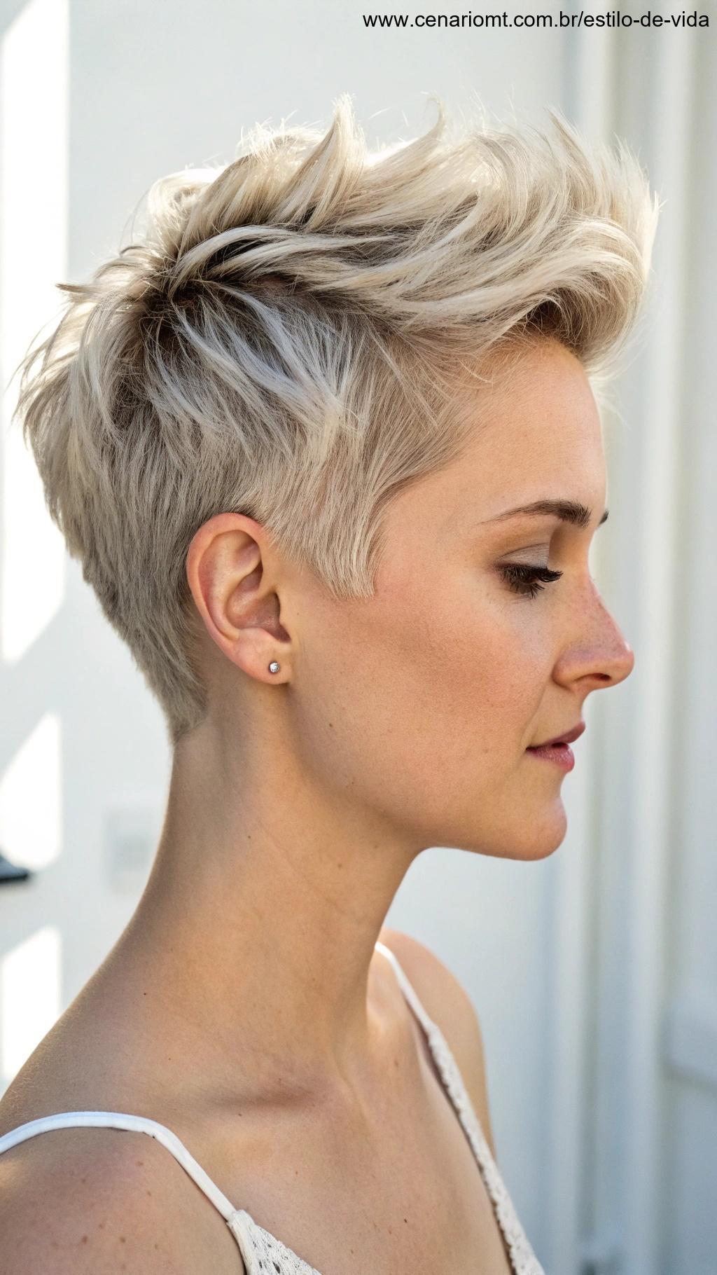 Cabelos curtos com pontas desfiadas e acabamento elegante.