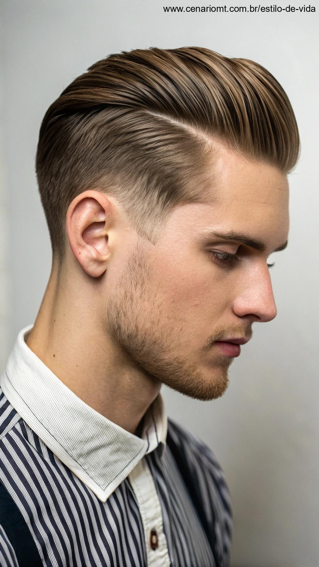 Corte side part, com cabelo bem estilizado e divisão lateral, oferecendo um visual clássico e elegante.