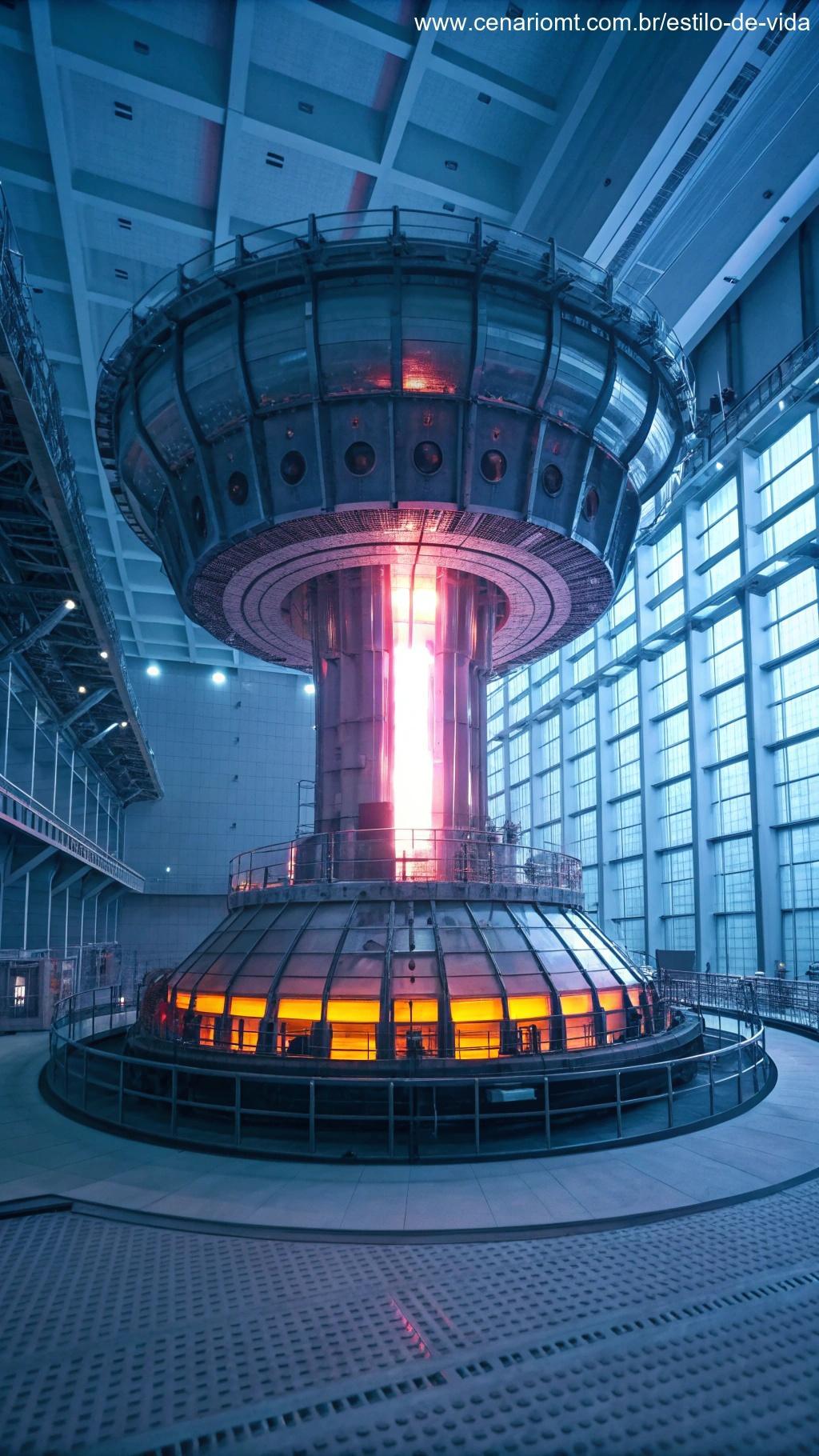 Instalação de pesquisa energética futurista exibindo energia de fusão com plasma brilhante dentro de um reator tokamak.