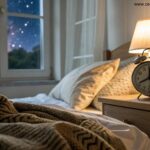 Quarto tranquilo com iluminação suave e vista da noite, criando um ambiente propício para o sono.