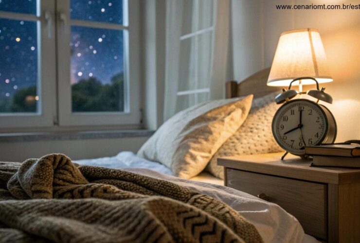 Quarto tranquilo com iluminação suave e vista da noite, criando um ambiente propício para o sono.