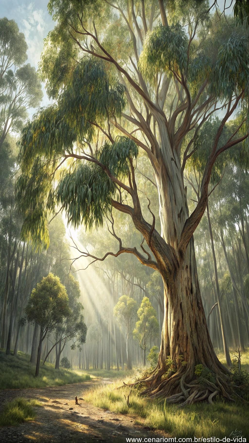 Uma grande árvore de eucalipto em uma floresta, com folhas longas balançando ao vento, e a luz do sol filtrando através dos galhos.