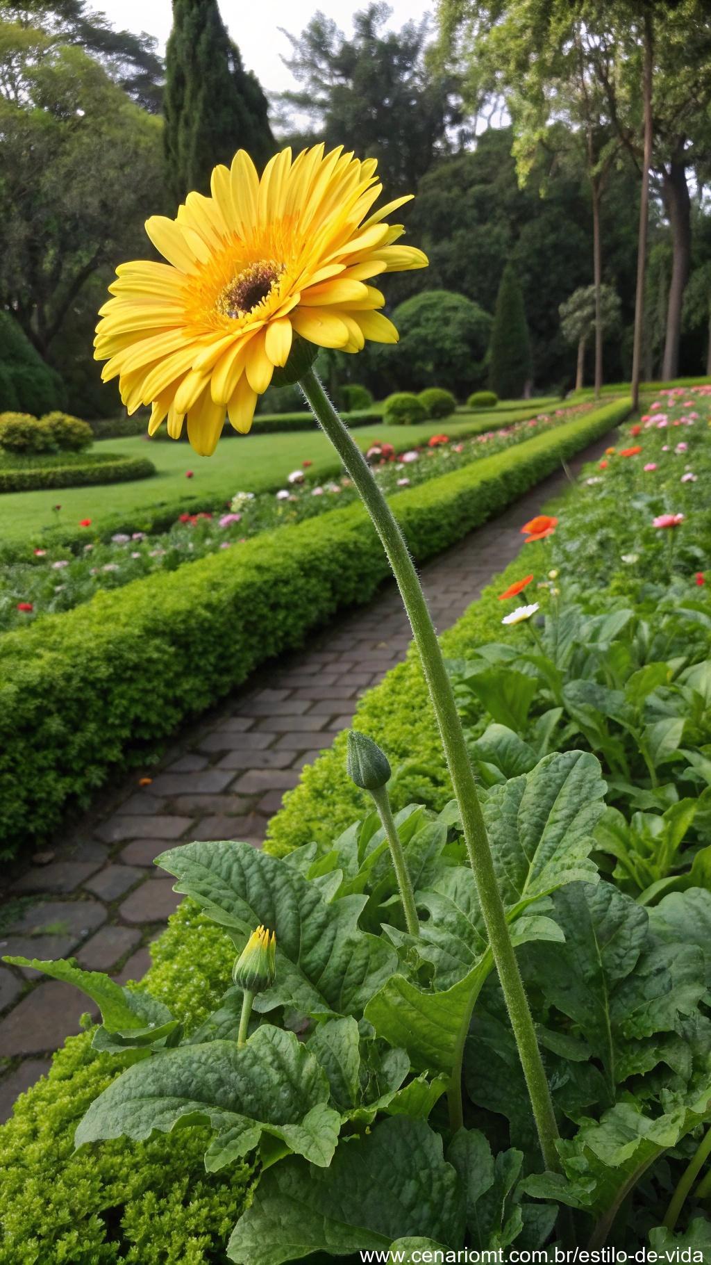 Gerbera amarela vibrante em meio a uma cama de folhagens em um jardim bem cuidado.