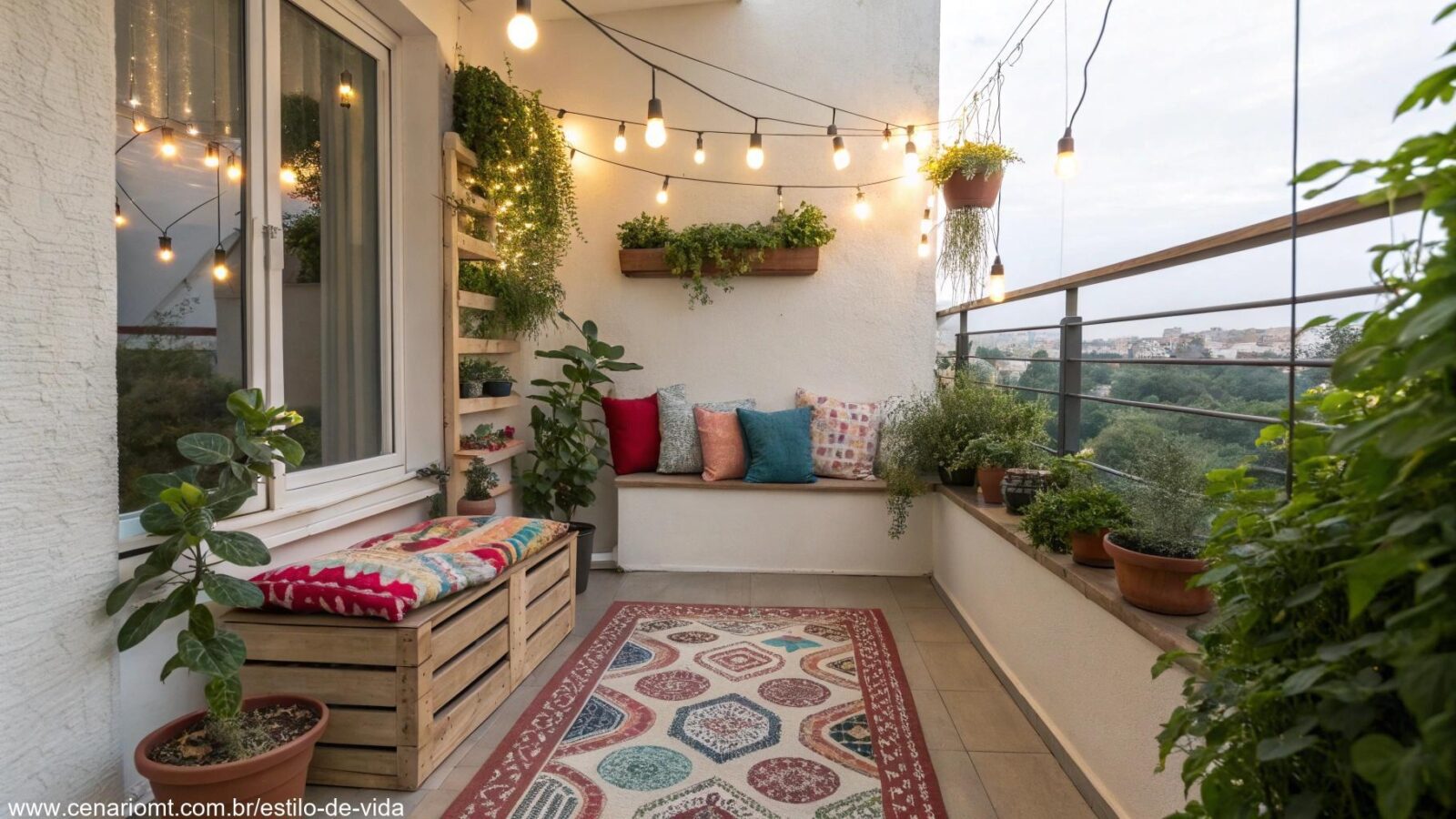 Uma varanda pequena e acolhedora decorada com plantas suspensas, almofadas coloridas em um banco pequeno, tapete estampado e iluminação suave com luzes de corda.