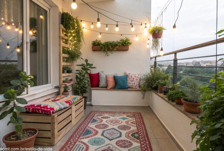 Uma varanda pequena e acolhedora decorada com plantas suspensas, almofadas coloridas em um banco pequeno, tapete estampado e iluminação suave com luzes de corda.