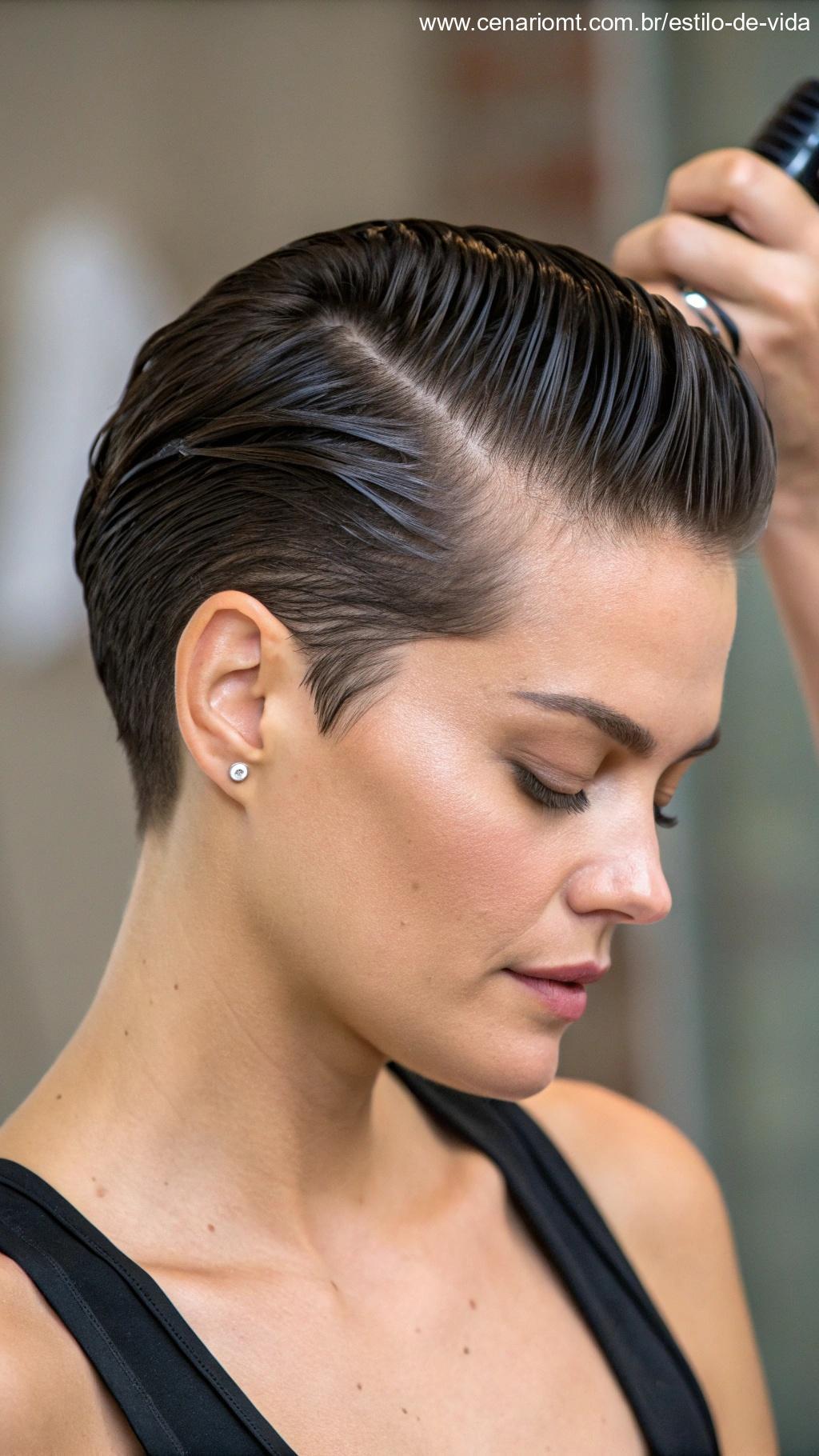 Mulher estilizando o cabelo curto com um look slicked-back.