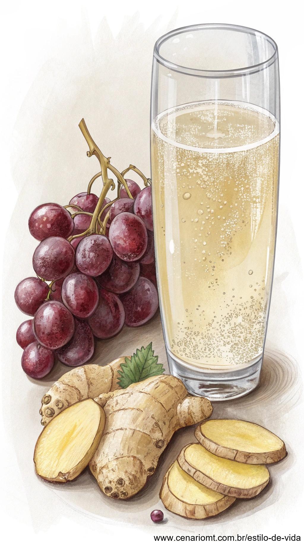 Copo de suco de uva com gengibre, com raiz de gengibre fresco e uvas ao lado da bebida.