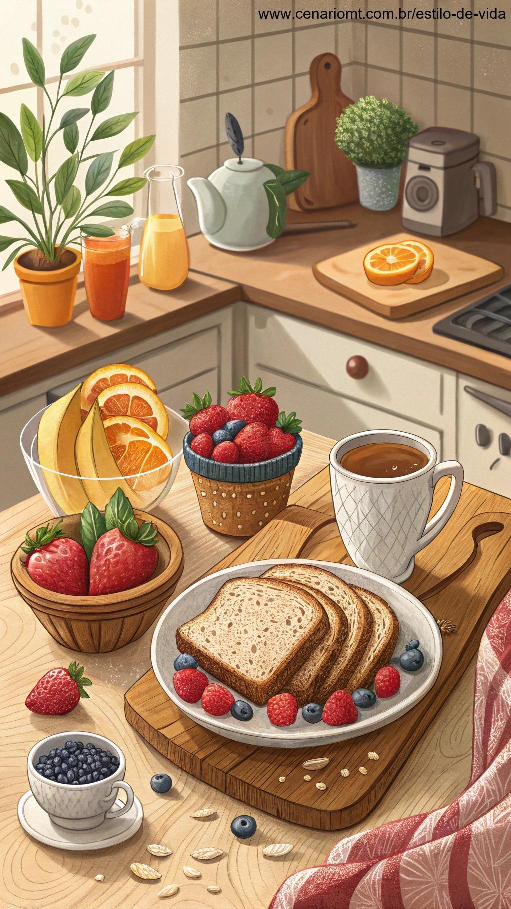 Imagem de um café da manhã saudável com frutas frescas, pão integral e uma xícara de chá ou café.