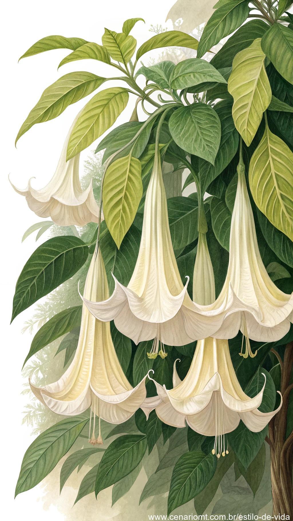 Trombeta-de-anjos com grandes flores brancas em forma de sino.