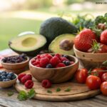 Seleção de alimentos naturais que promovem uma pele saudável e radiante, como abacate, tomates e frutas vermelhas.
