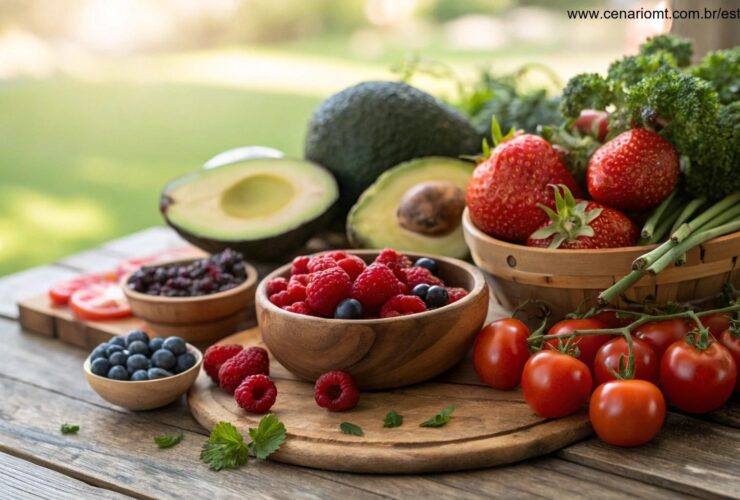 Seleção de alimentos naturais que promovem uma pele saudável e radiante, como abacate, tomates e frutas vermelhas.
