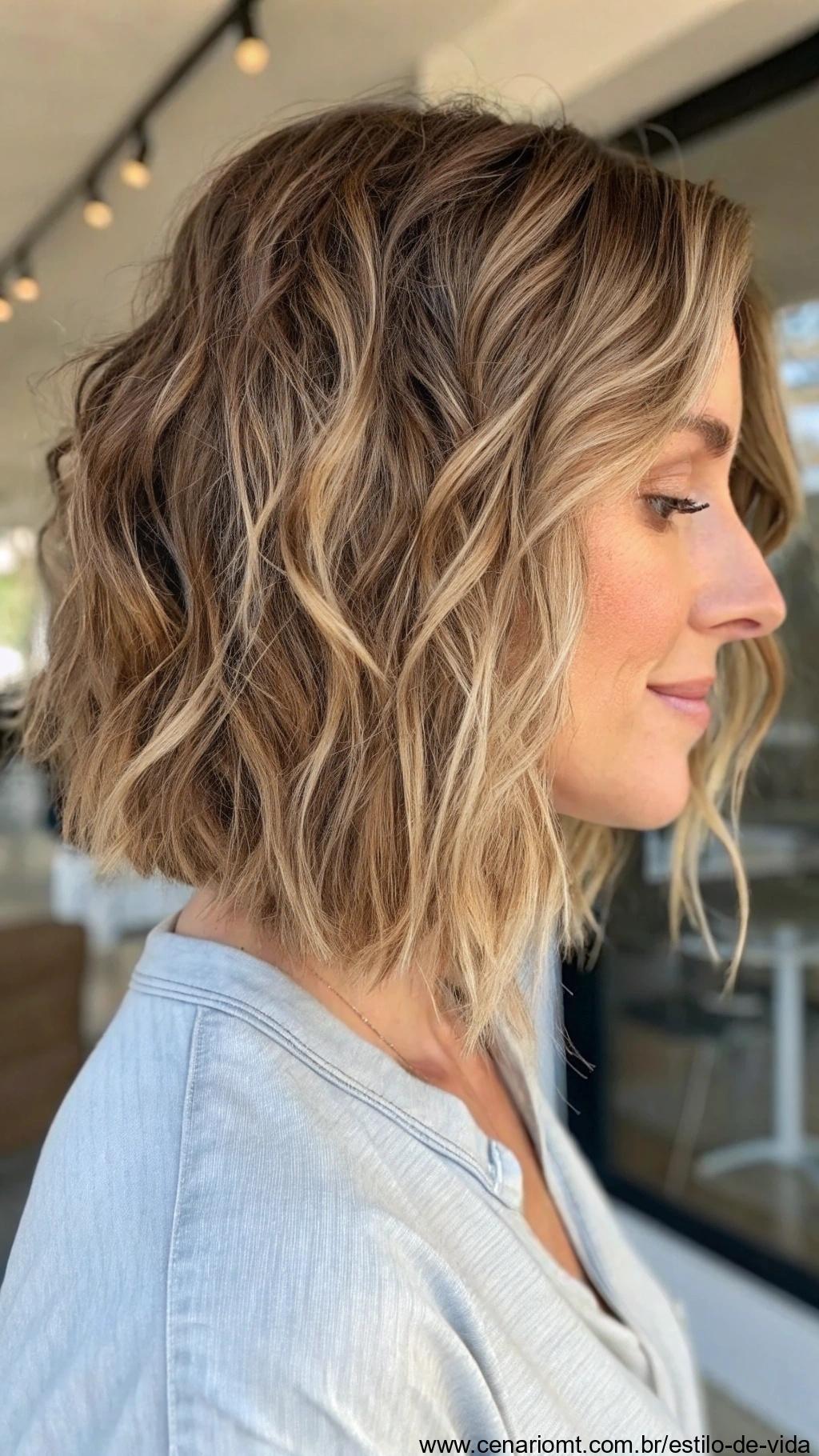 Corte bob com textura ondulada e ondas suaves.
