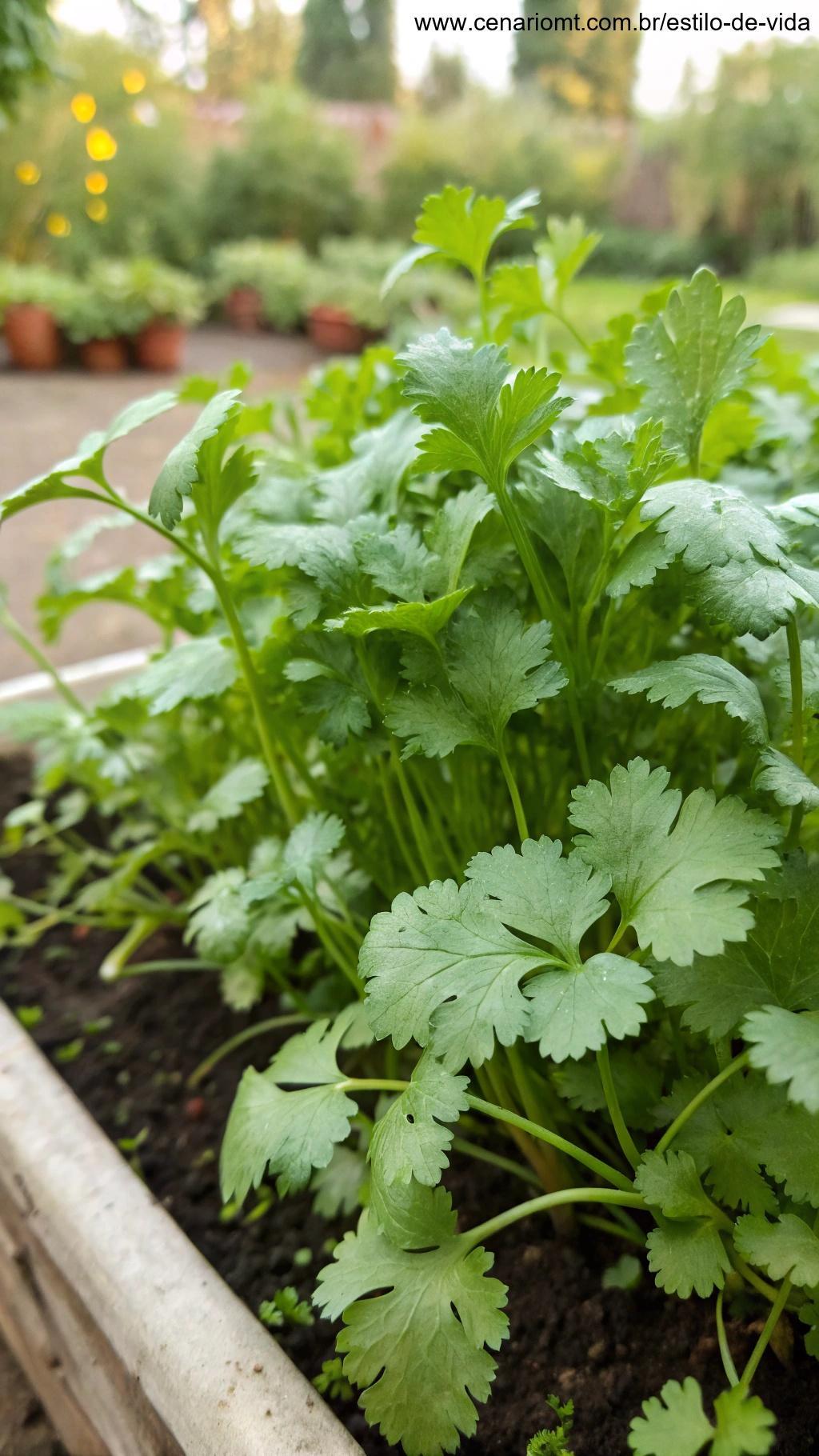 Uma planta de coentro fresca com folhas redondas e verdes crescendo no jardim.