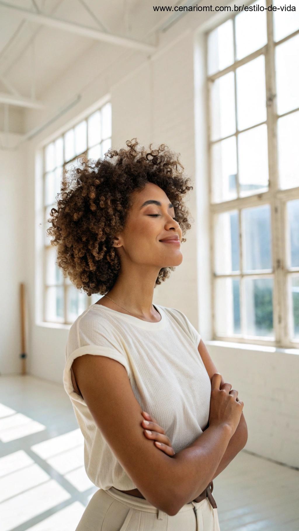 Mulher com cabelo curto e cacheado, abraçando sua textura natural.