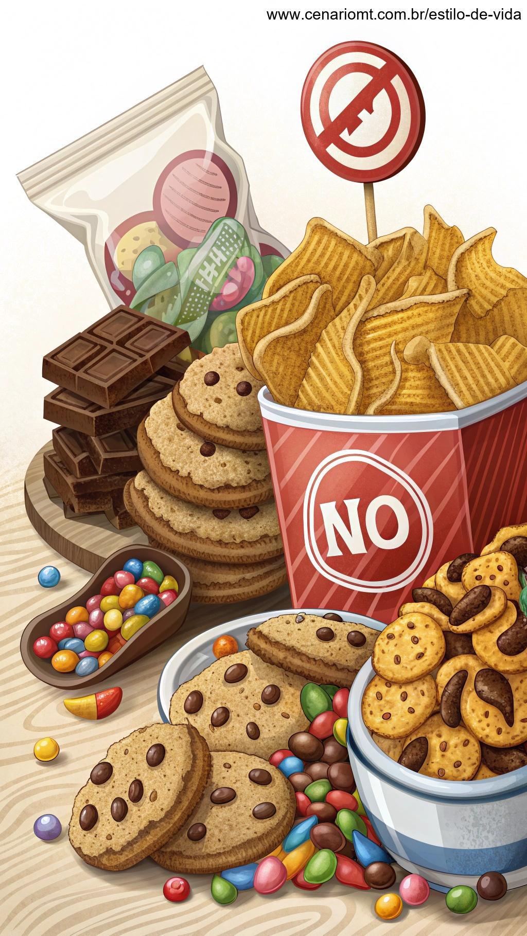 Montagem de alimentos processados com um sinal de 'não' sobre eles.