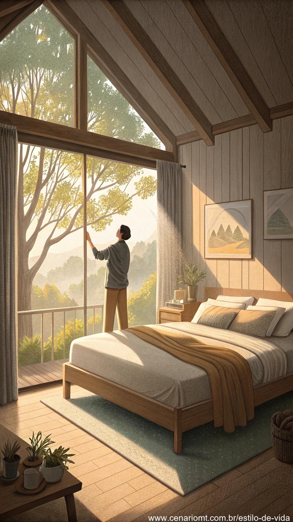 Imagem de uma pessoa acordando cedo, arrumando a cama e o ambiente ao seu redor.