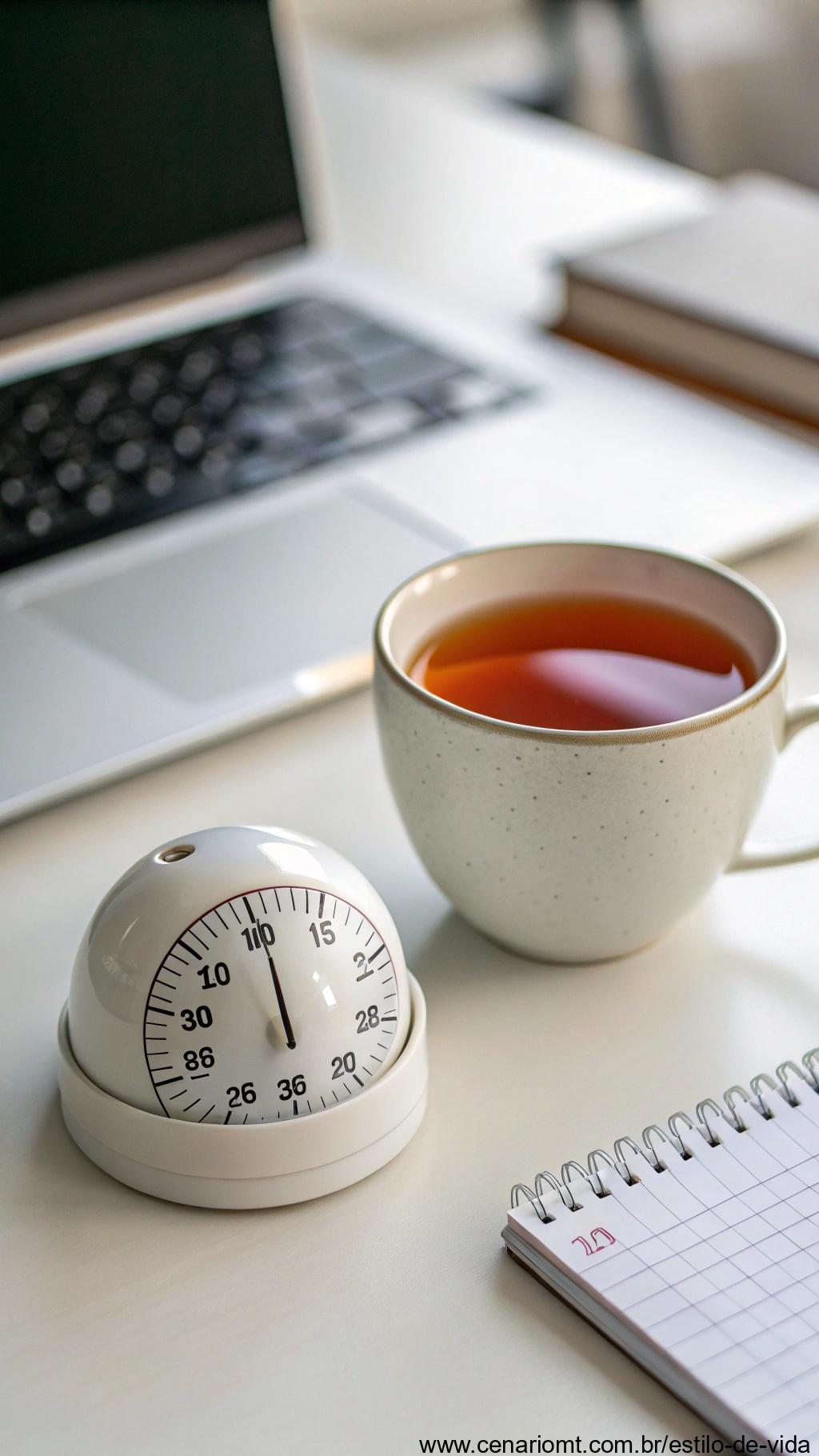 Um temporizador ajustado sobre uma mesa com uma xícara de chá ao lado, simbolizando a importância de pausas regulares.