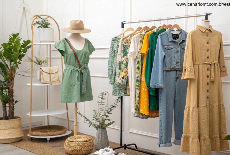 Cena de moda sustentável com roupas feitas de materiais ecológicos