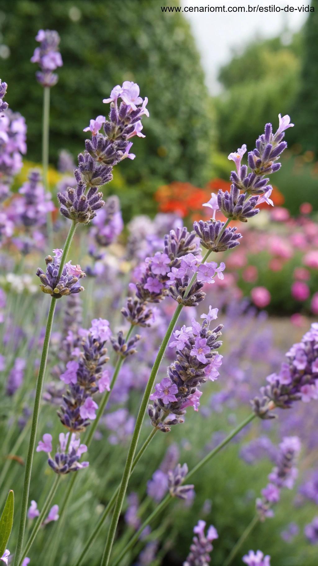 Flores de lavanda em plena floração, com tons suaves de roxo e um aroma agradável, em um cenário de jardim com outras flores ao fundo.