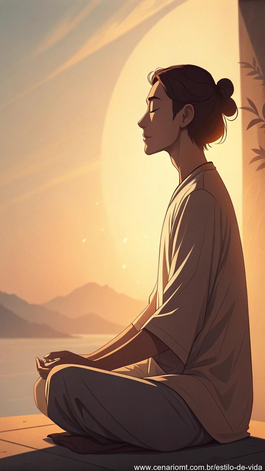 Pessoa serena meditando com luz suave e quente.